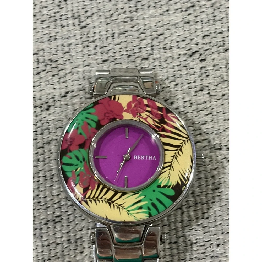 Bertha Elizabeth Floral Tropical Swiss Watch SILVER‎ /PURPLE New Battery